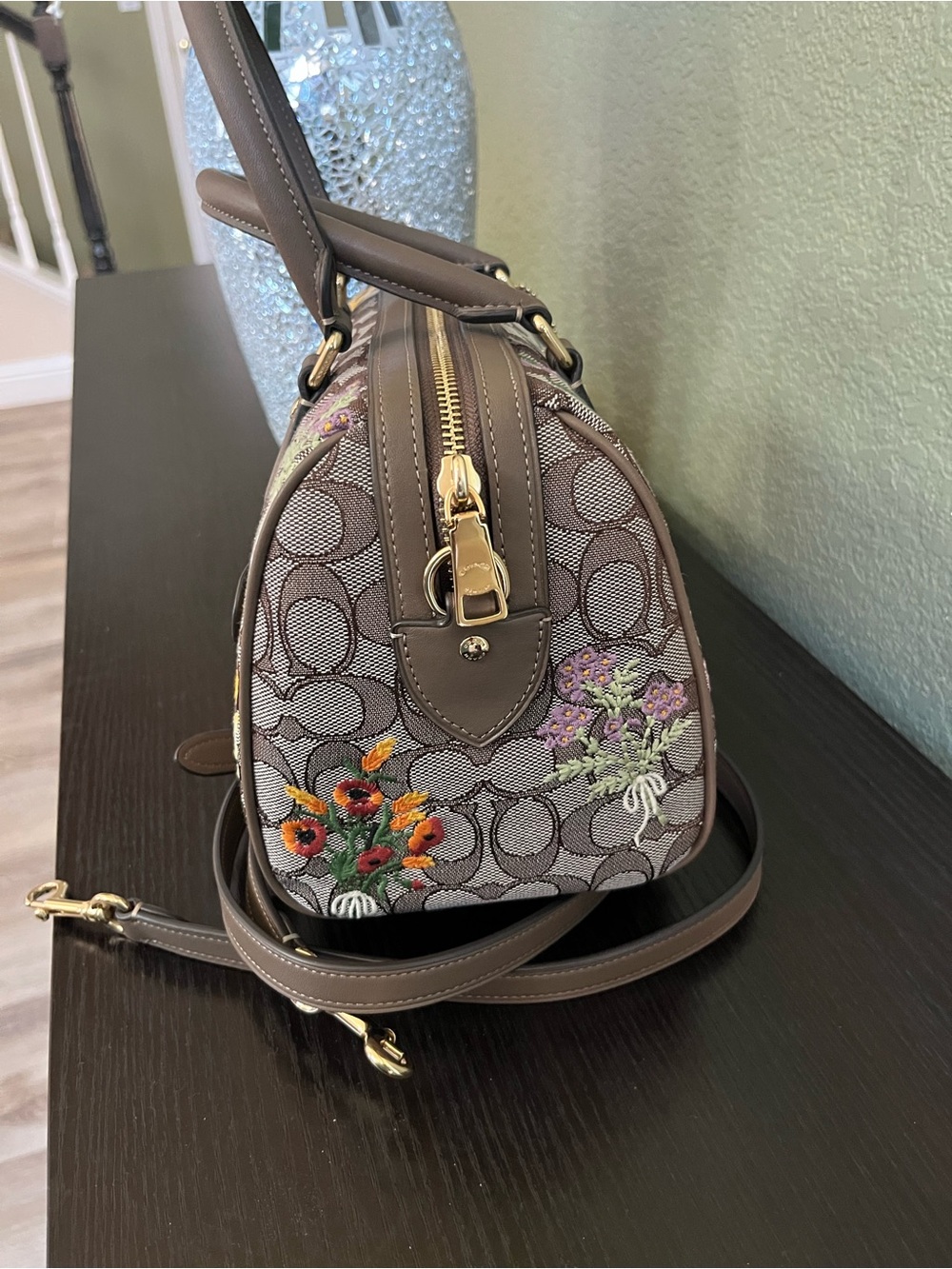 Coach Rowan Floral Embroidery Satchel Oak Color - Picture 9 of 10